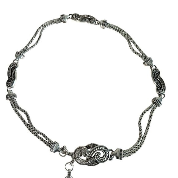 Brighton Bali Hai Silver Braided Swirl Hook Heart Charm Chain Belt size Small
